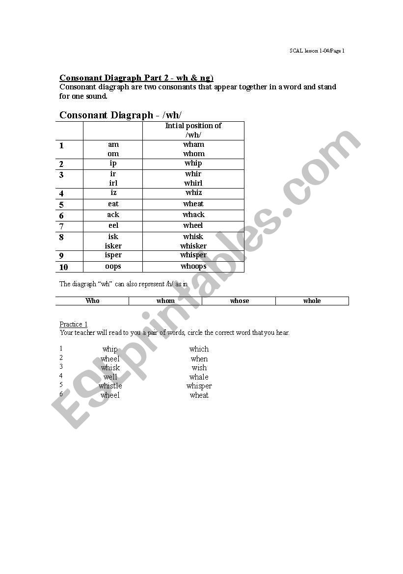 Consonant Diagraph worksheet