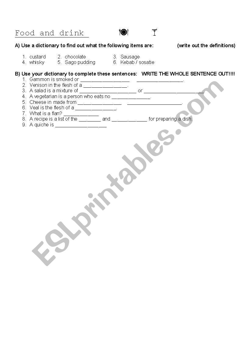 Food and drink worksheet