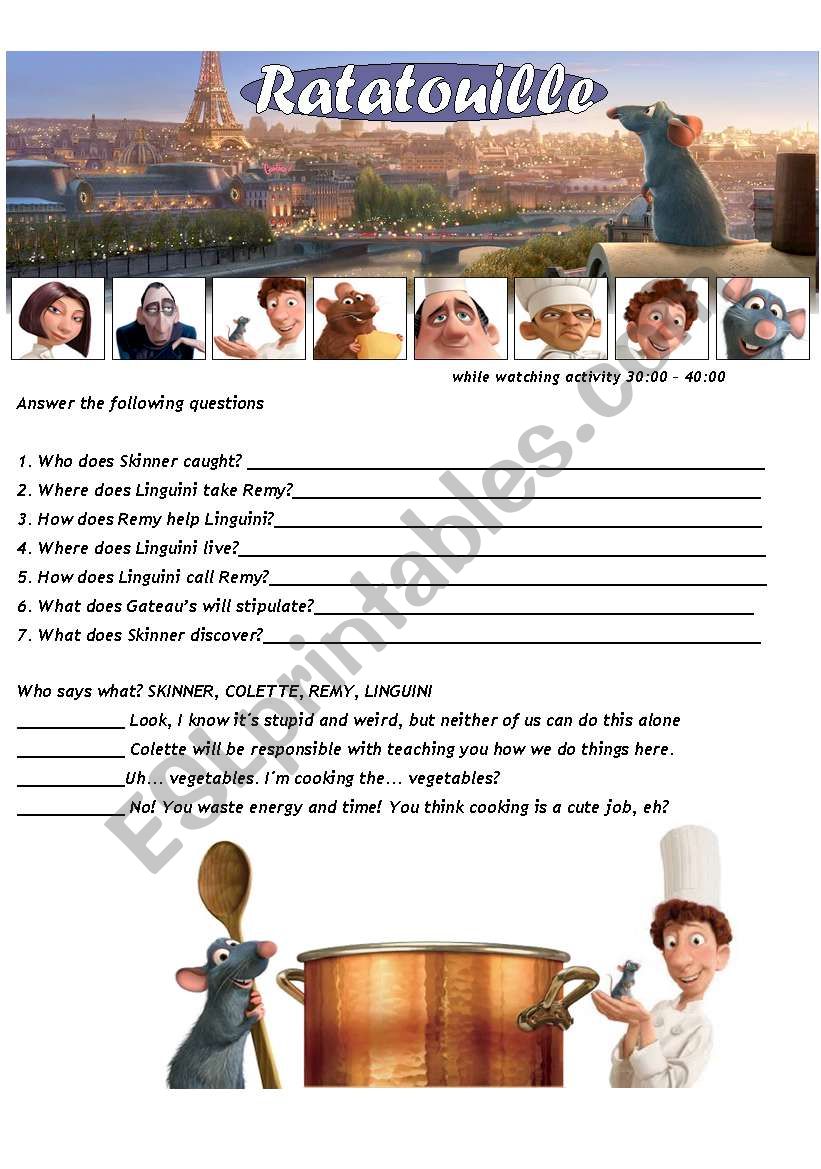 Ratatouille - Movie Worsheet  2/4 + Key ( 2 pages ) 30:00-40:00 