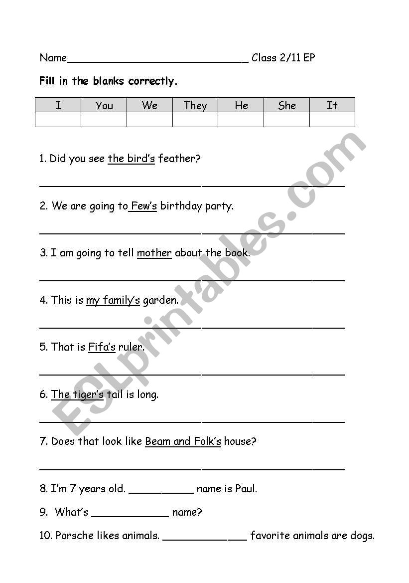 possessive adjective worksheet