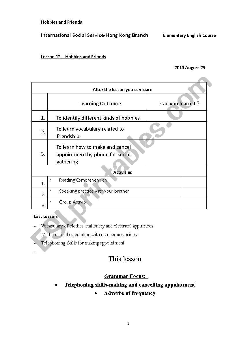 Hobbies and Friends worksheet
