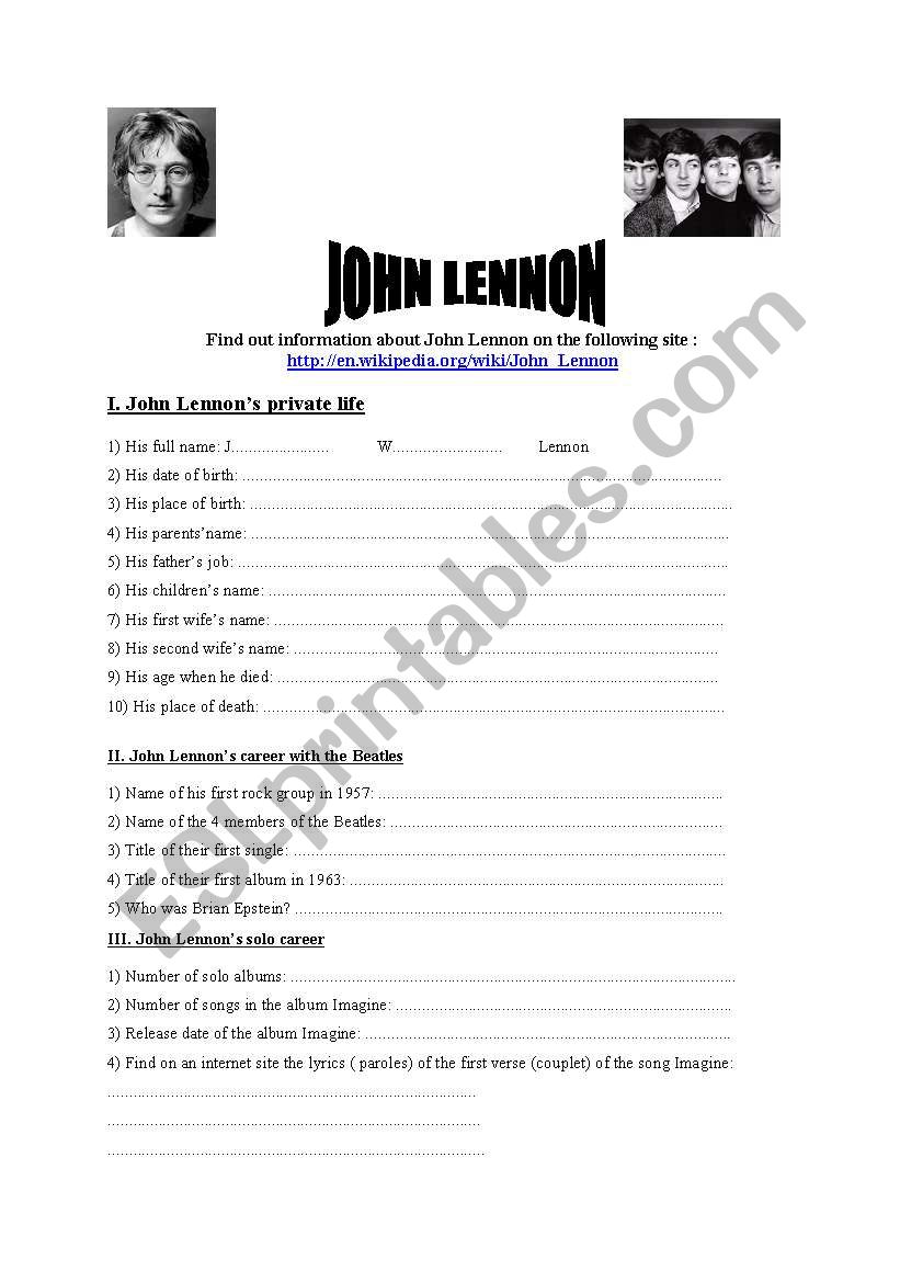 John Lennon Webquest worksheet