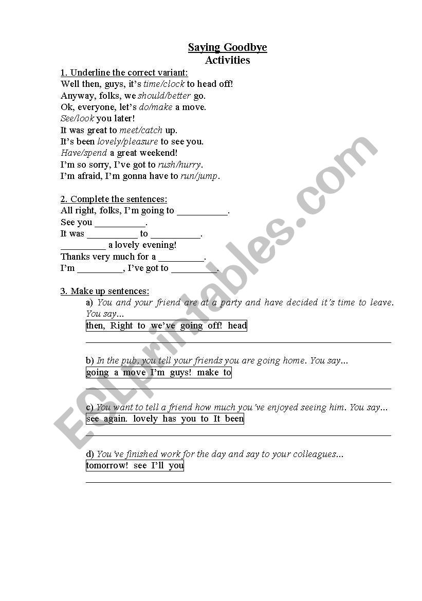 Saying Goodbye. Activities worksheet