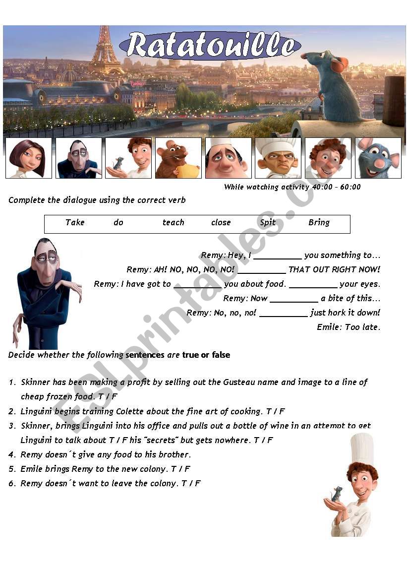 Ratatouille - Movie Worsheet 3/4 + Key ( 2 pages ) 40:00-60:00 