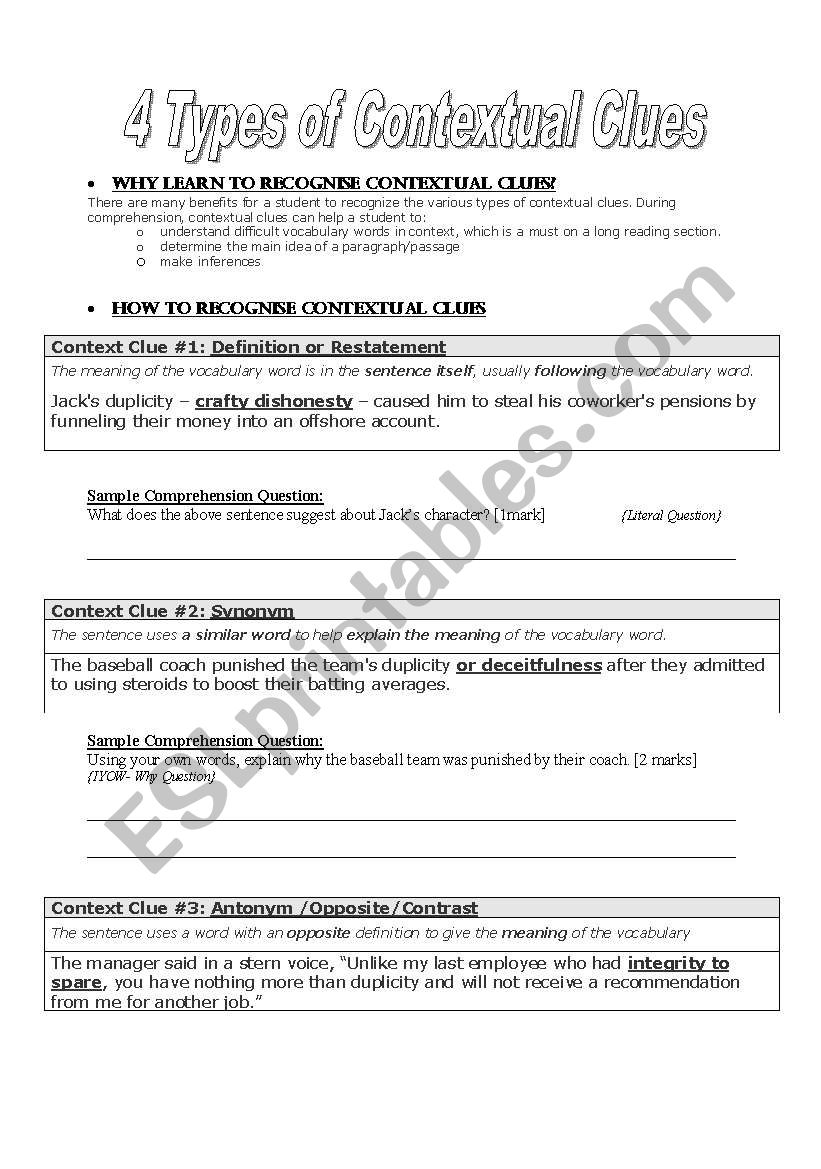 4 Types of Contextual Clues worksheet