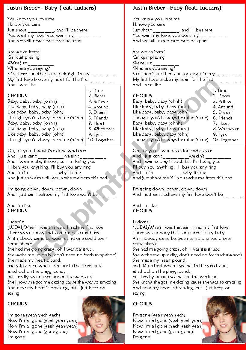 Justin Bieber Baby Esl Worksheet By Candyb