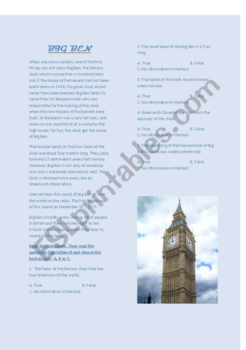 Big Ben- reading comprehension