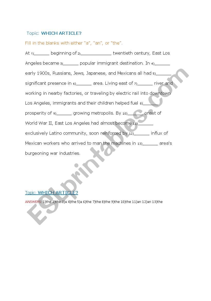 Articles worksheet