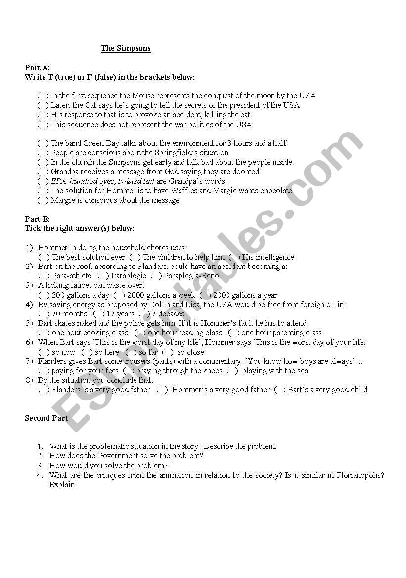 Simpsons - the movie worksheet