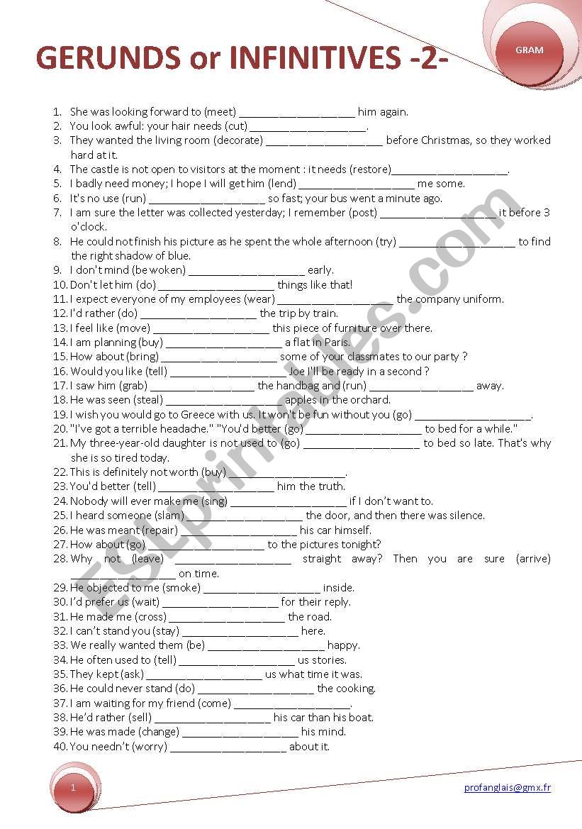 INFINITIVES or GERUNDS-2- worksheet