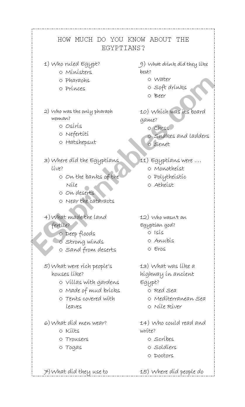 Quiz on Egypt worksheet