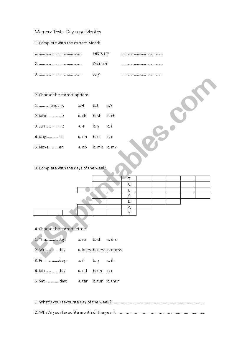 Months and Days worksheet
