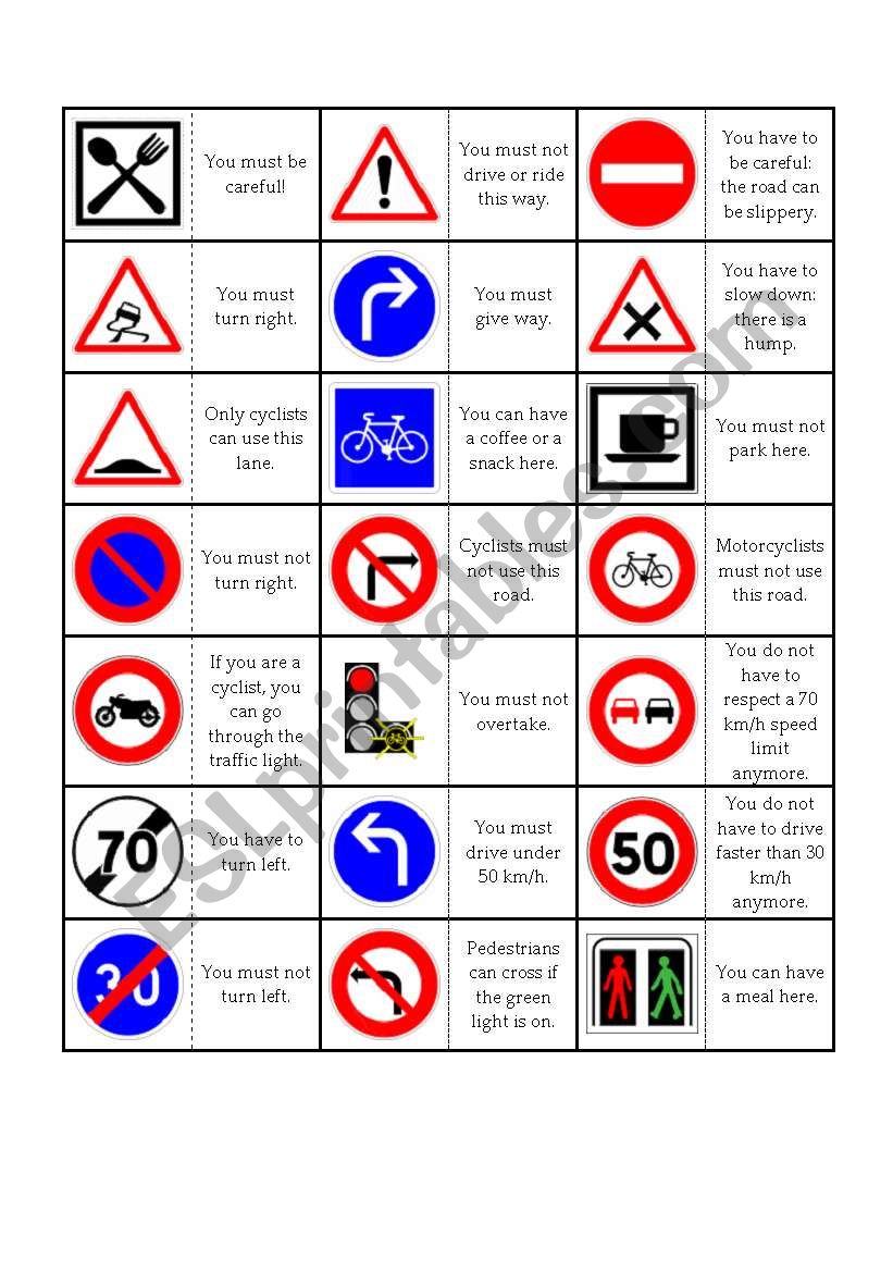 Road sign dominoes worksheet