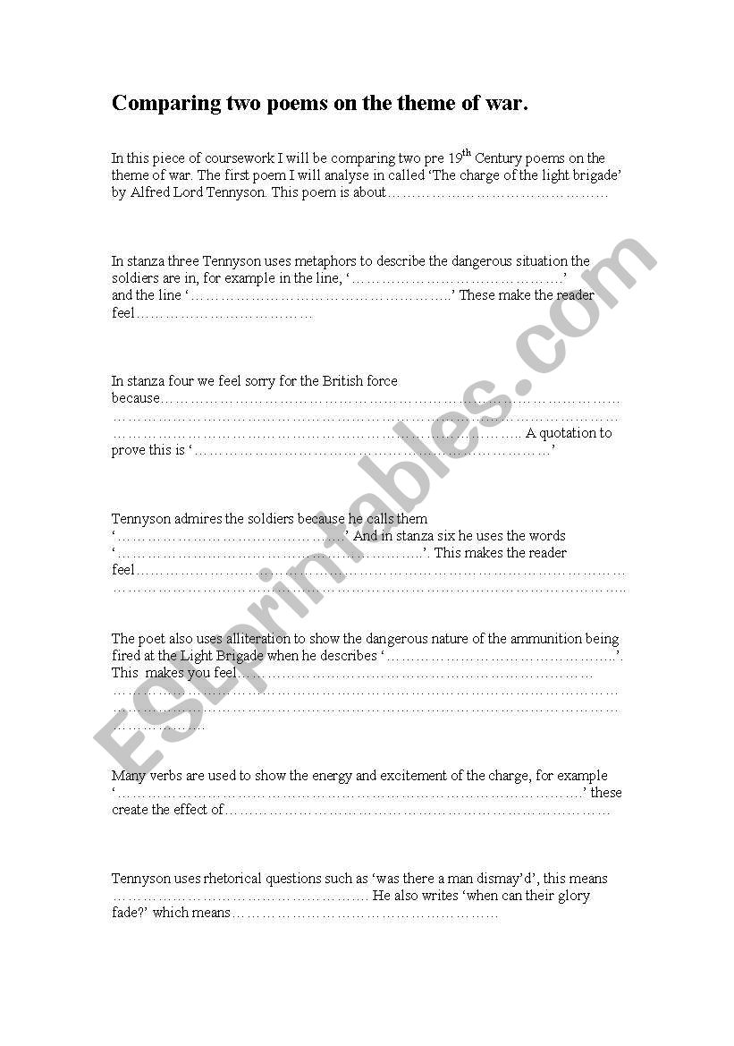 Writing frame for war poems worksheet