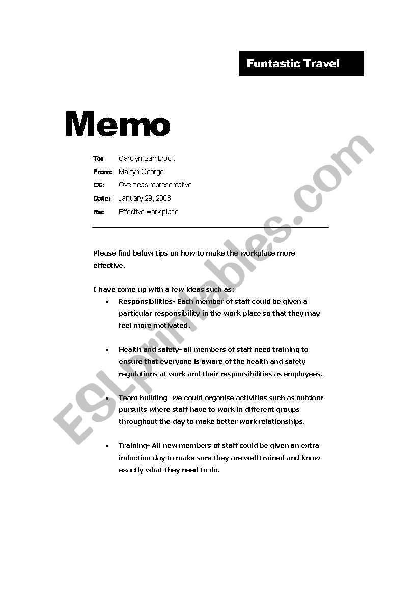 Memo on effective workplace worksheet