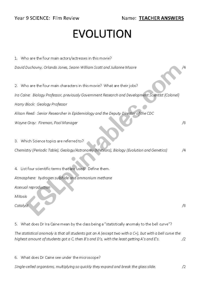 Evolution Film Review worksheet