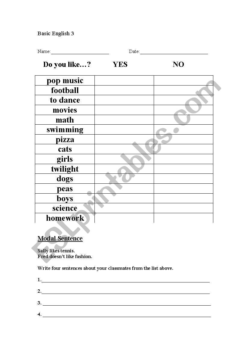 Like / Dislike worksheet