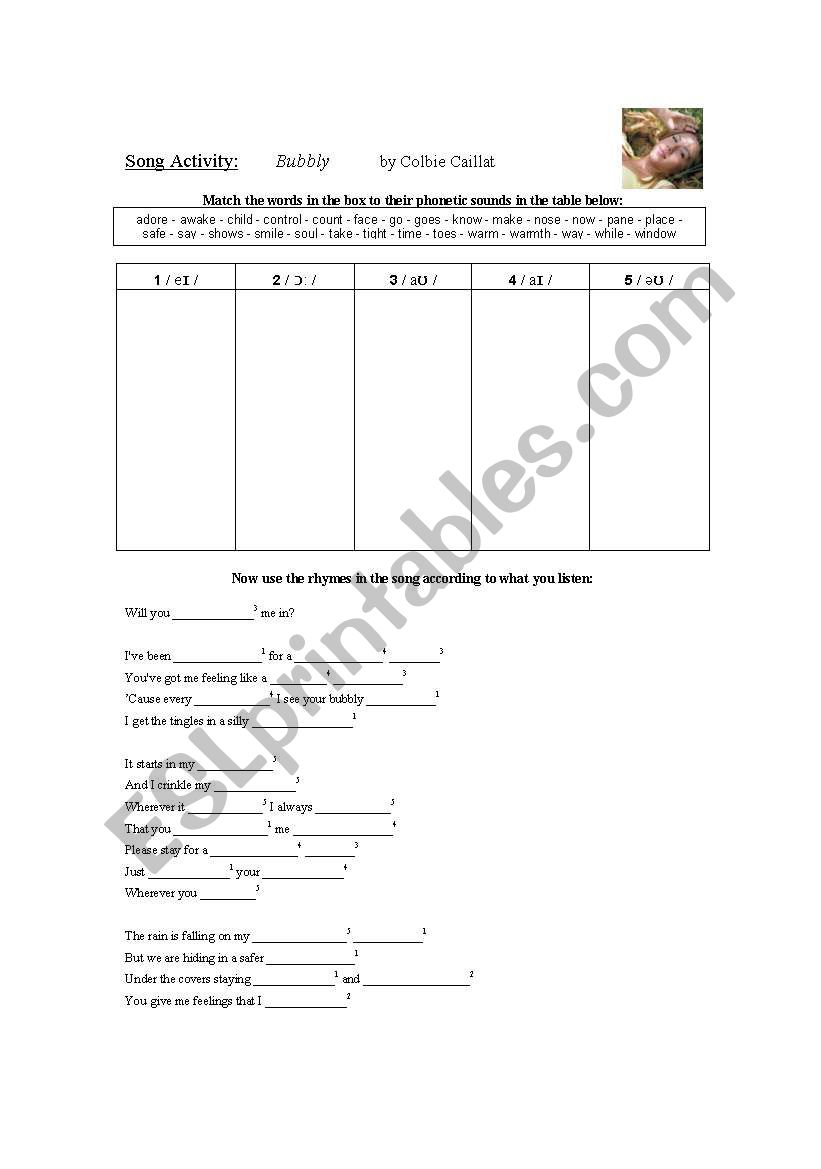 Song Activity: Bubbly worksheet