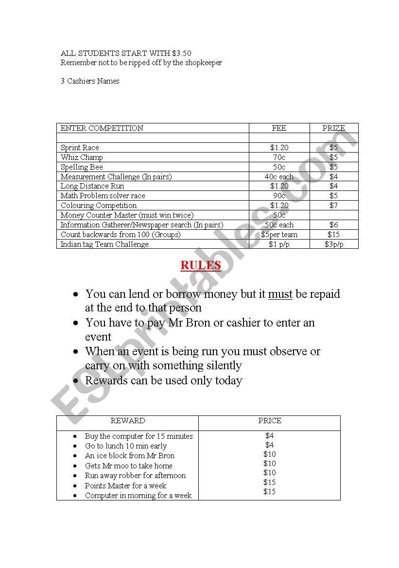 money worksheet