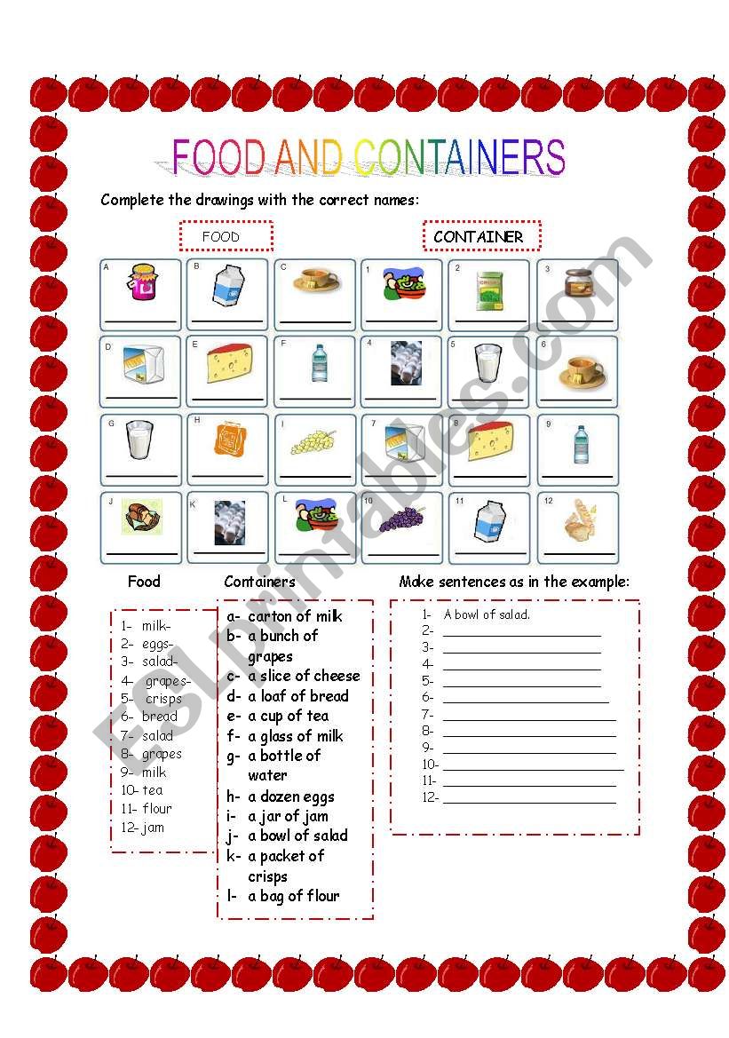 Food and containers worksheet