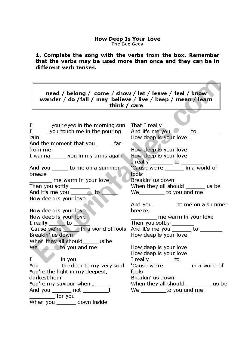 How deep is your love? song and nurs…: English ESL worksheets pdf & doc