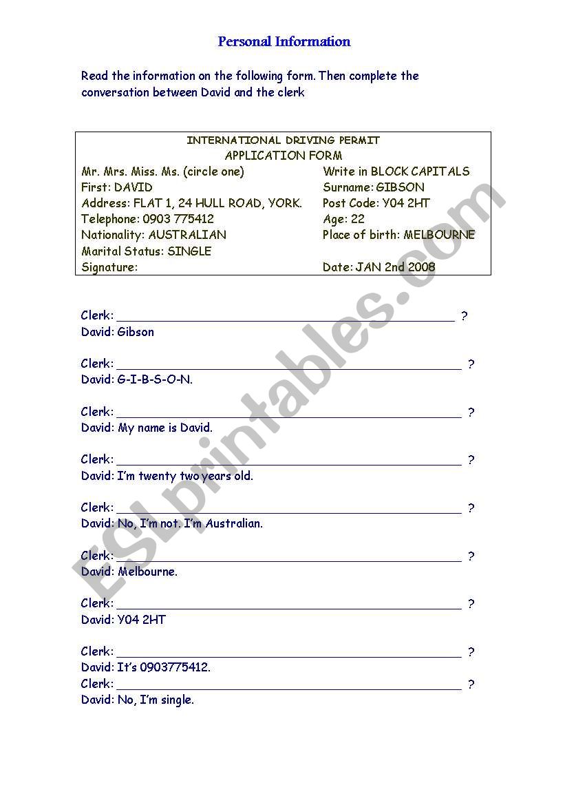 Personal Information worksheet