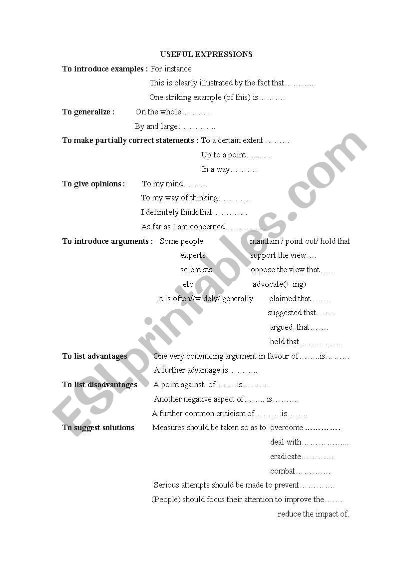 a list of useful expressions for writing