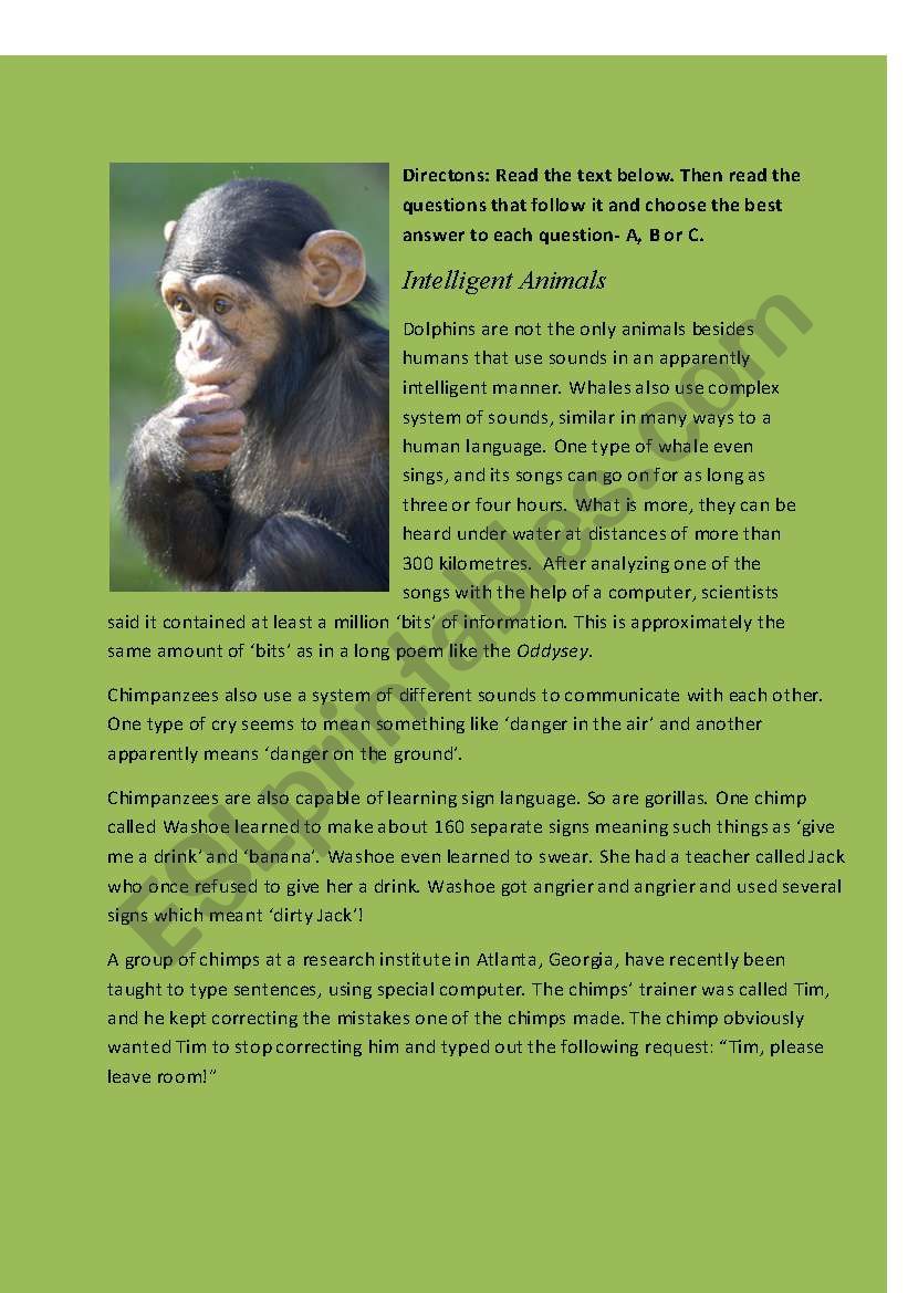 Intelligent Animals- reading comprehension