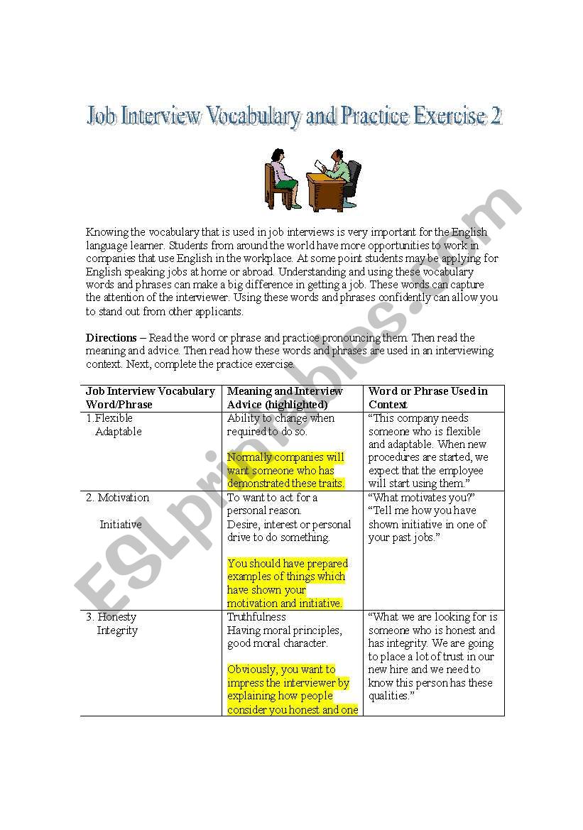 Important Job Interview Vocabulary, Interviewing Tips and Practice Exercise # 2 - Second in the Set