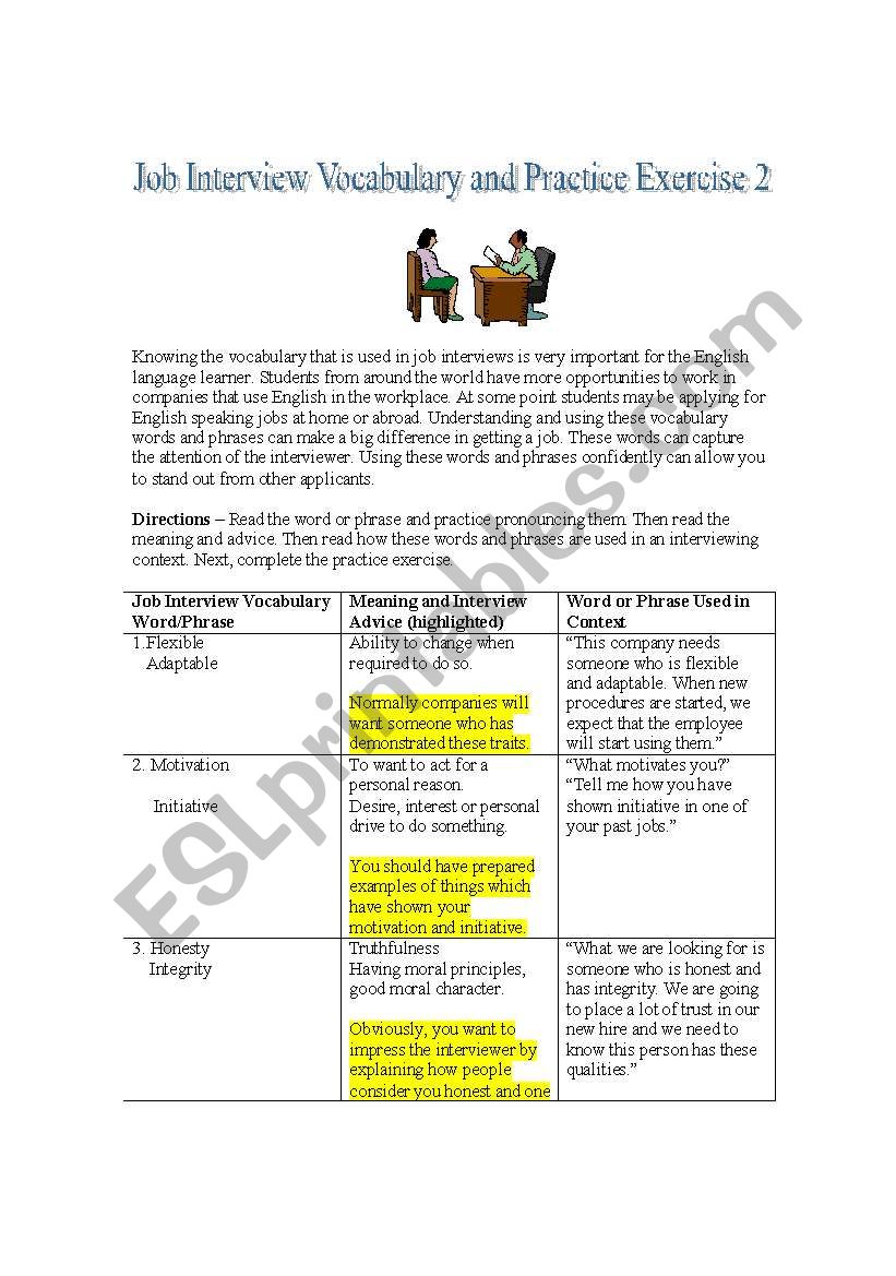 Important Job Interview Vocabulary, Interviewing Tips and Practice Exercise # 2 - Second in the Set