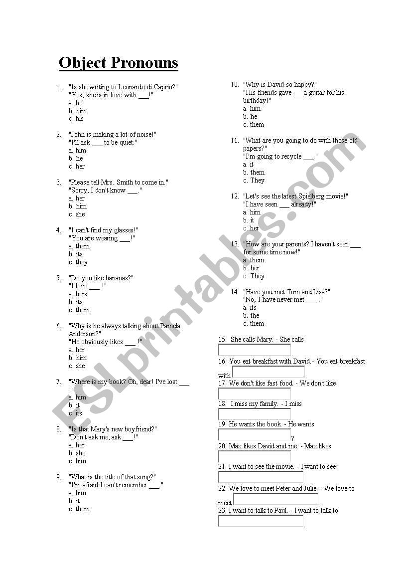 Object pronouns worksheet