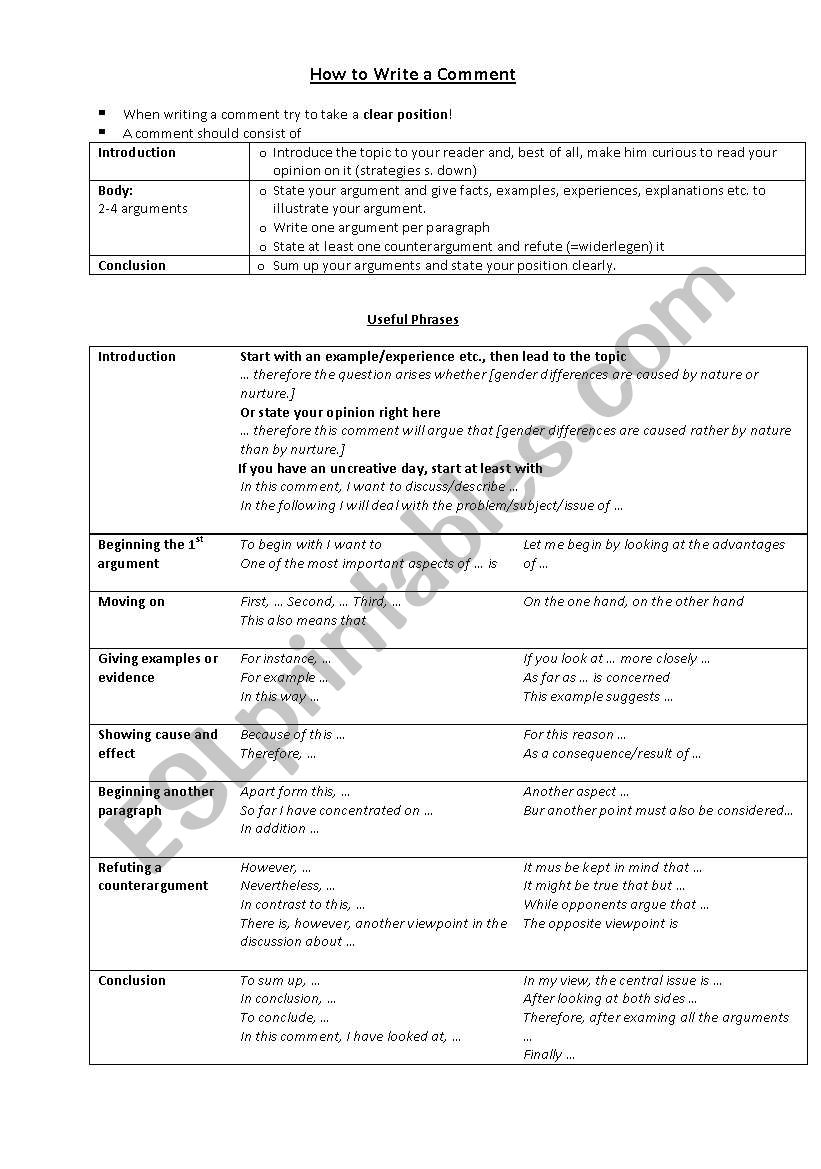 How to write a comment worksheet