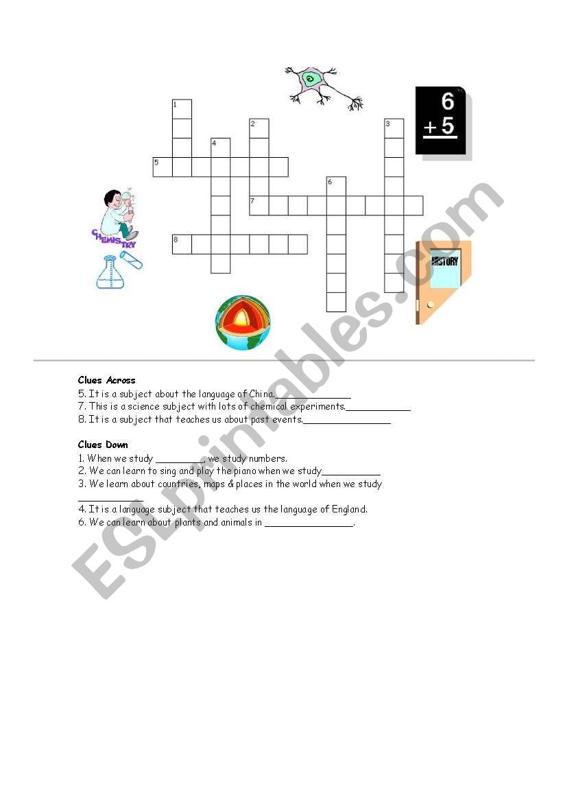 SCHOOL SUBJECTS CROSSWORDS worksheet
