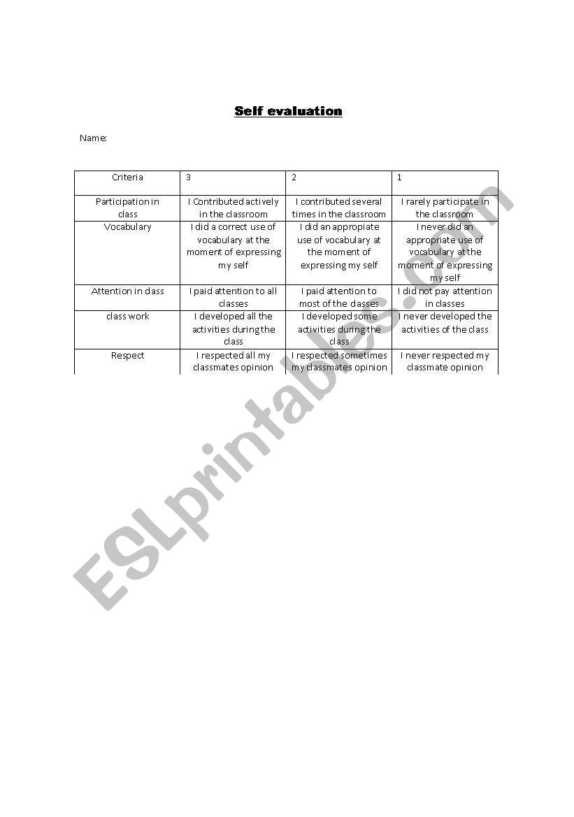 self evaluation worksheet