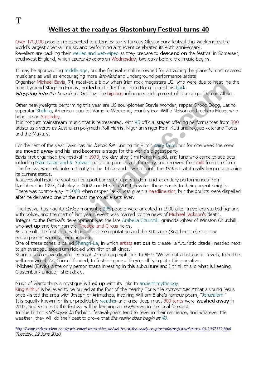 Glastonbury  worksheet