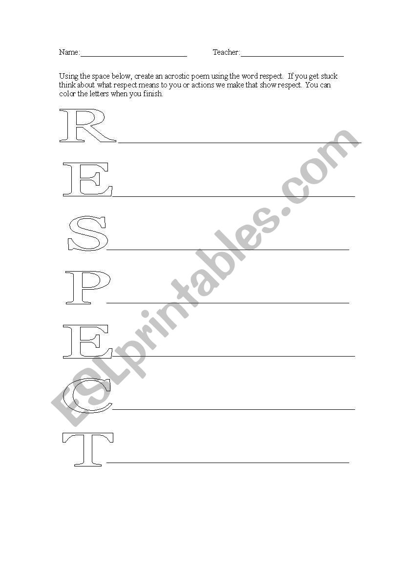 Respect Acrostic Poem worksheet