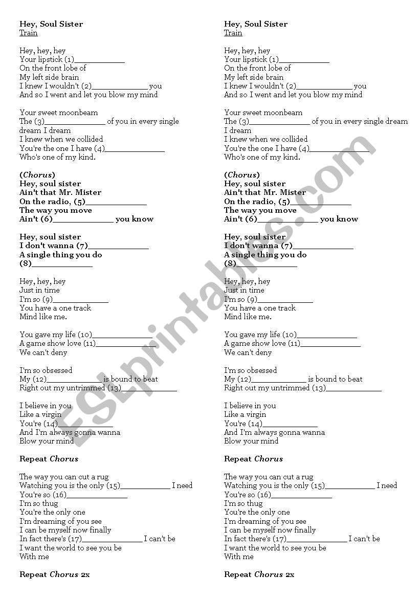 SONG Hey Soul Sister worksheet