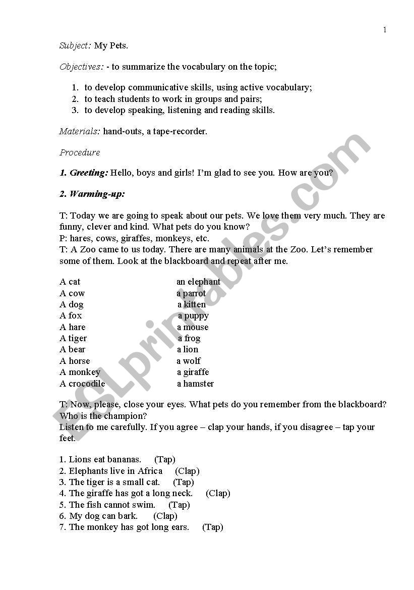 My Pets worksheet