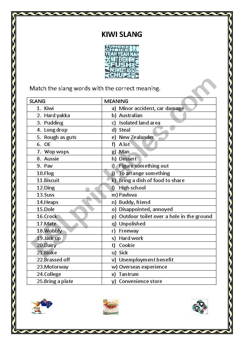 Kiwi Slang Mix and Match worksheet