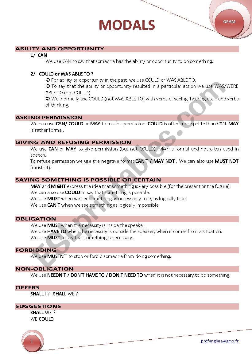 MODALS worksheet