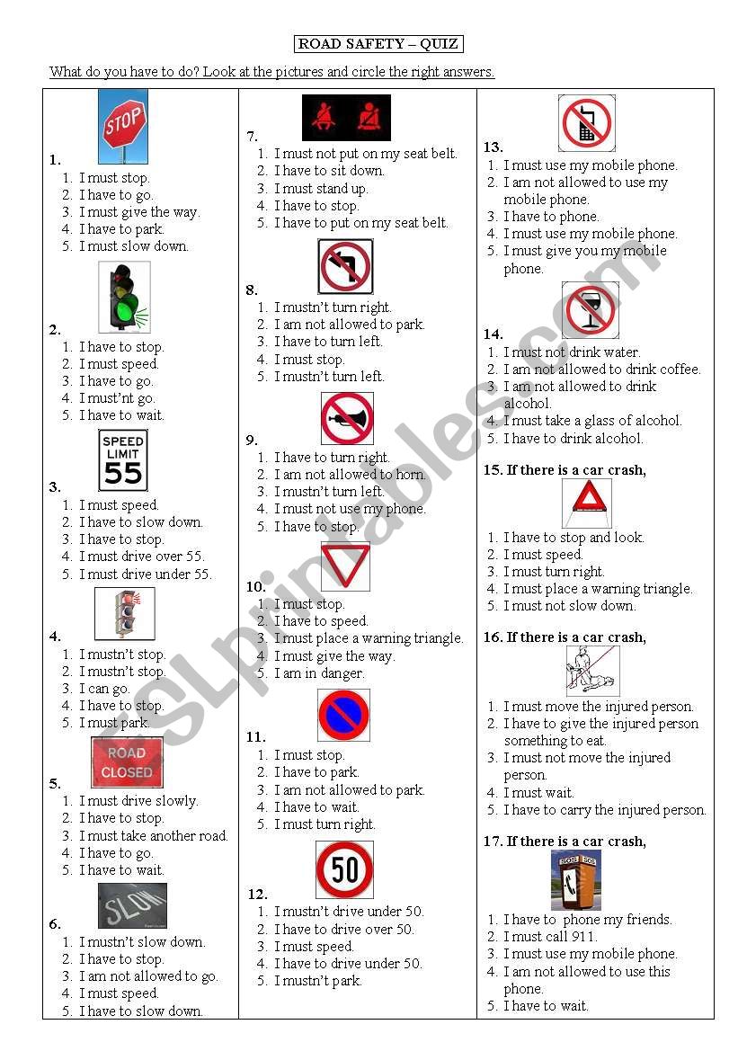 Road safety quiz worksheet