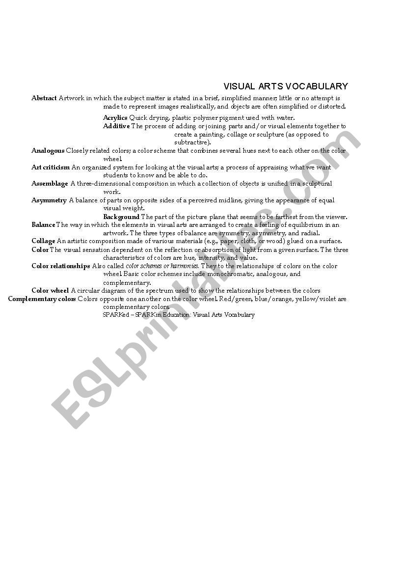 Visual Arts Vocabulary worksheet