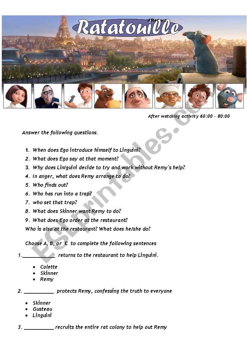 Ratatouille - Movie Worsheet 4/4 + Key ( 3 pages ) 60:00-90:00