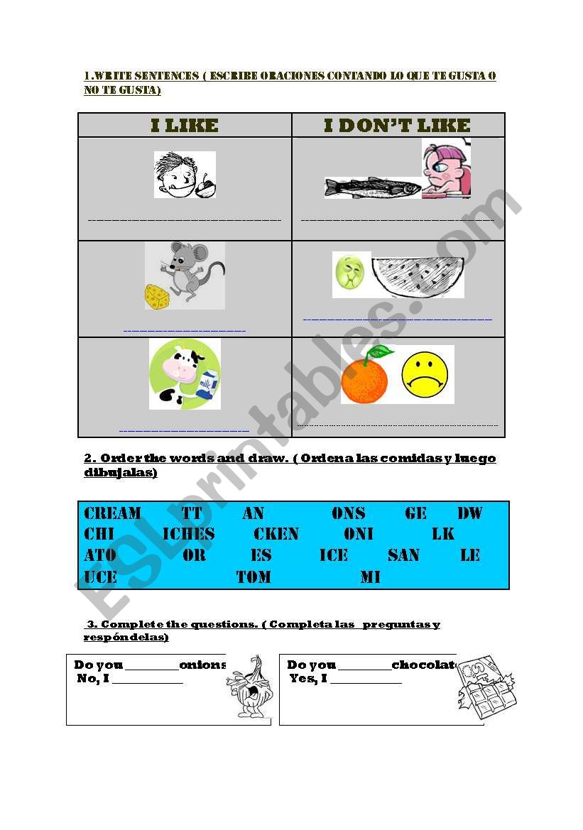 Likes and dislikes food worksheet