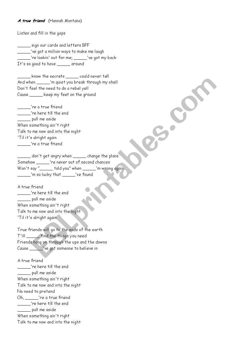 A true friend worksheet