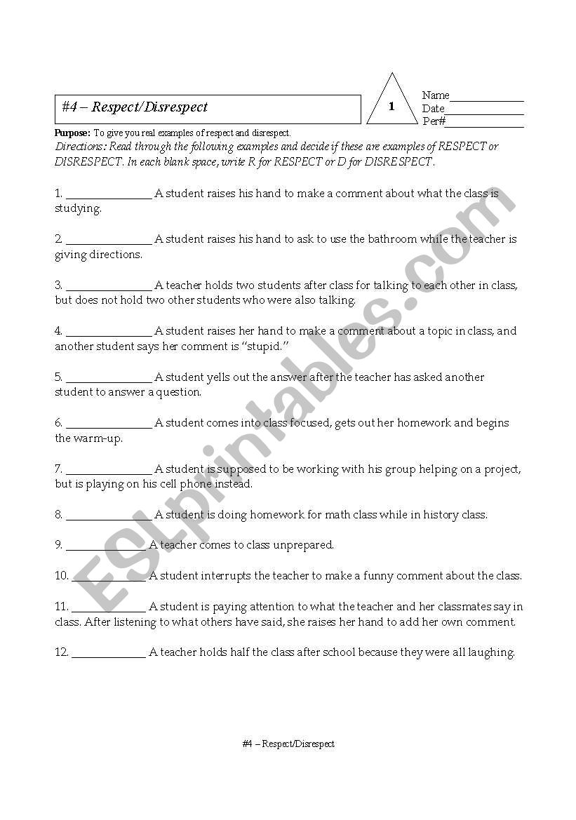 Respect or Disrespect worksheet