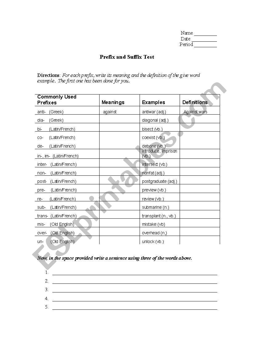 Prefixes and Suffixes worksheet