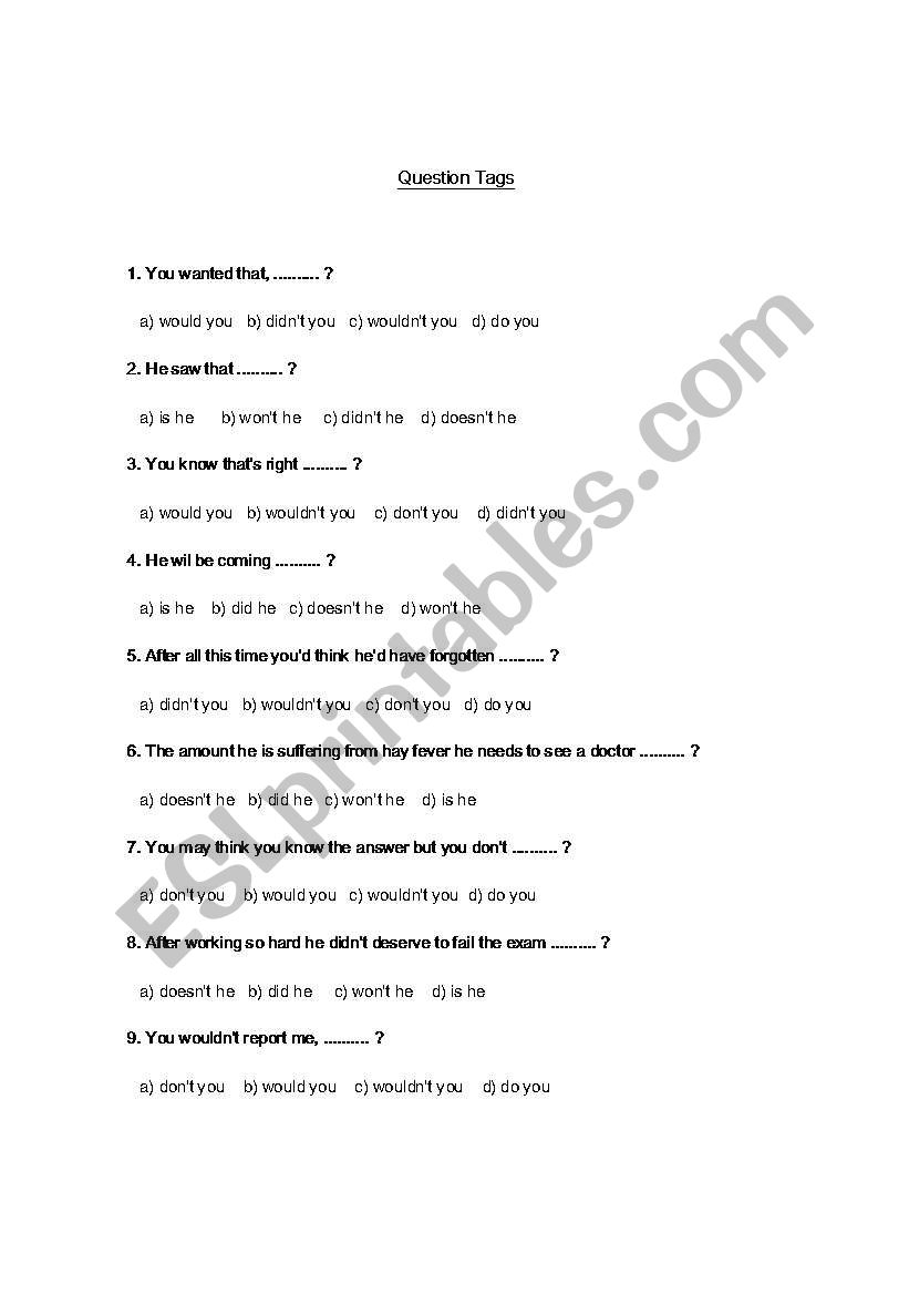 question tag worksheet