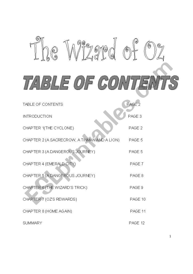 WIZARD OF OZ BOOKLET worksheet
