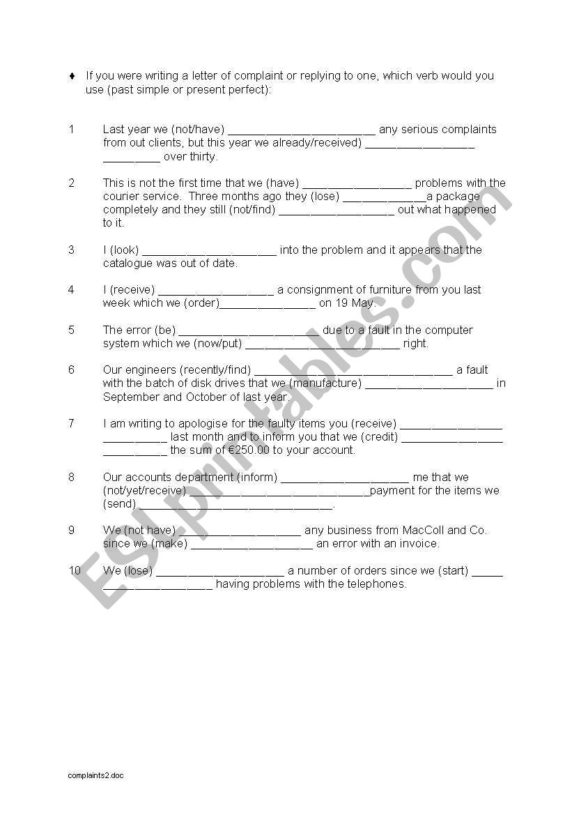 Complaints worksheet